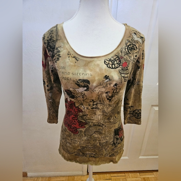 RARE NEW Y2K GLIMA Tan Red Tie Dye Print Japan Geisha Cotton Blouse Top S - Picture 1 of 9